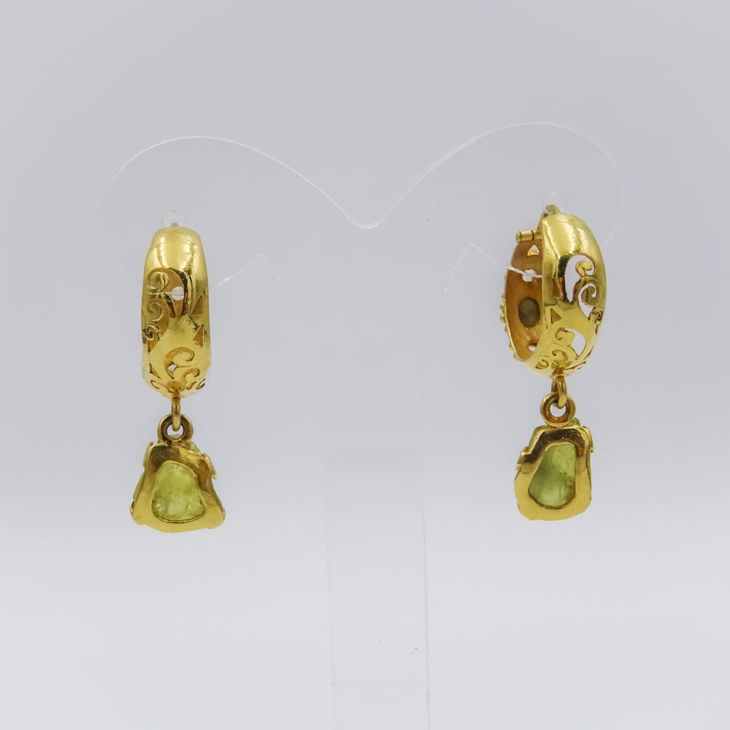 18k Gold Hoop Earrings with Engraving and Rough Cat’s Eye Gemstone Drops