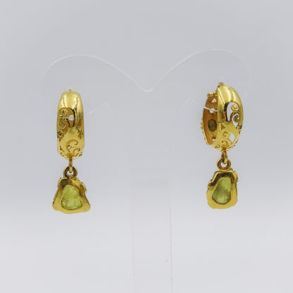 18k Gold Hoop Earrings with Engraving and Rough Cat’s Eye Gemstone Drops