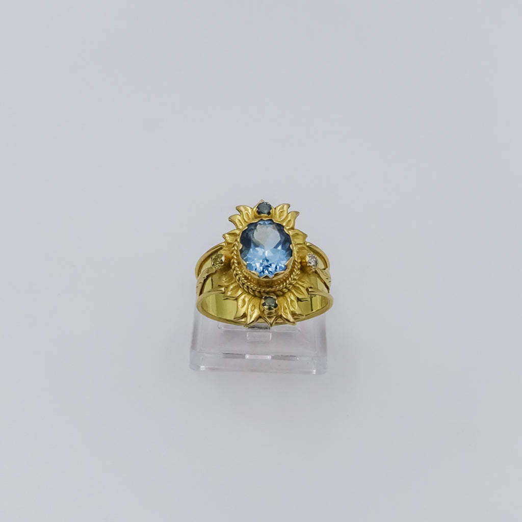 18k Gold Lotus Flower Ring with Blue Topaz and Multicolored Diamonds