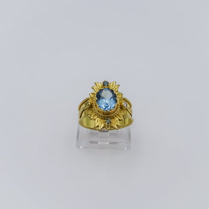 18k Gold Lotus Flower Ring with Blue Topaz and Multicolored Diamonds