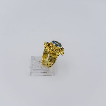 18k Gold Lotus Flower Ring with Blue Topaz and Multicolored Diamonds