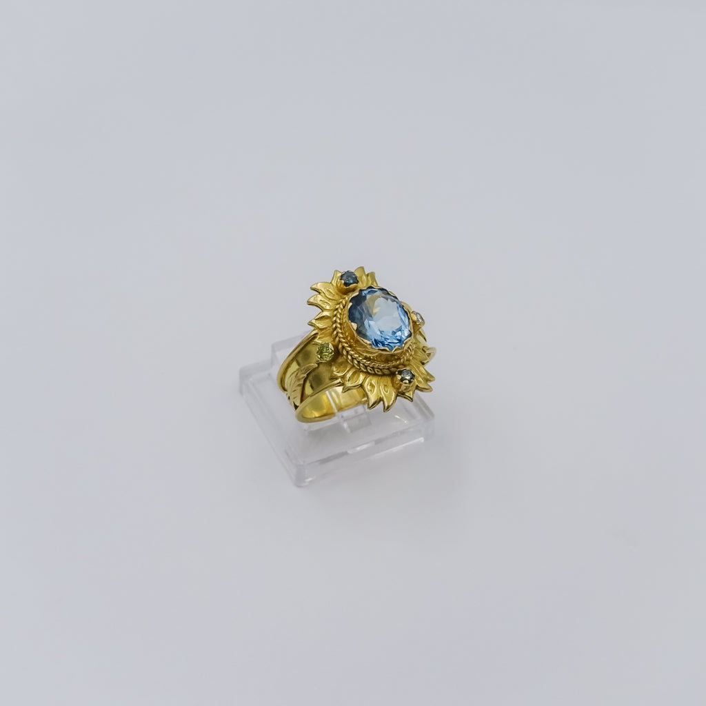 18k Gold Lotus Flower Ring with Blue Topaz and Multicolored Diamonds