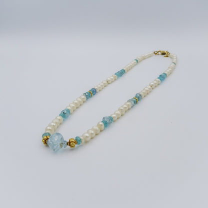 Pearl, Sapphire, and Apatite Necklace with 18K Gold Spacers