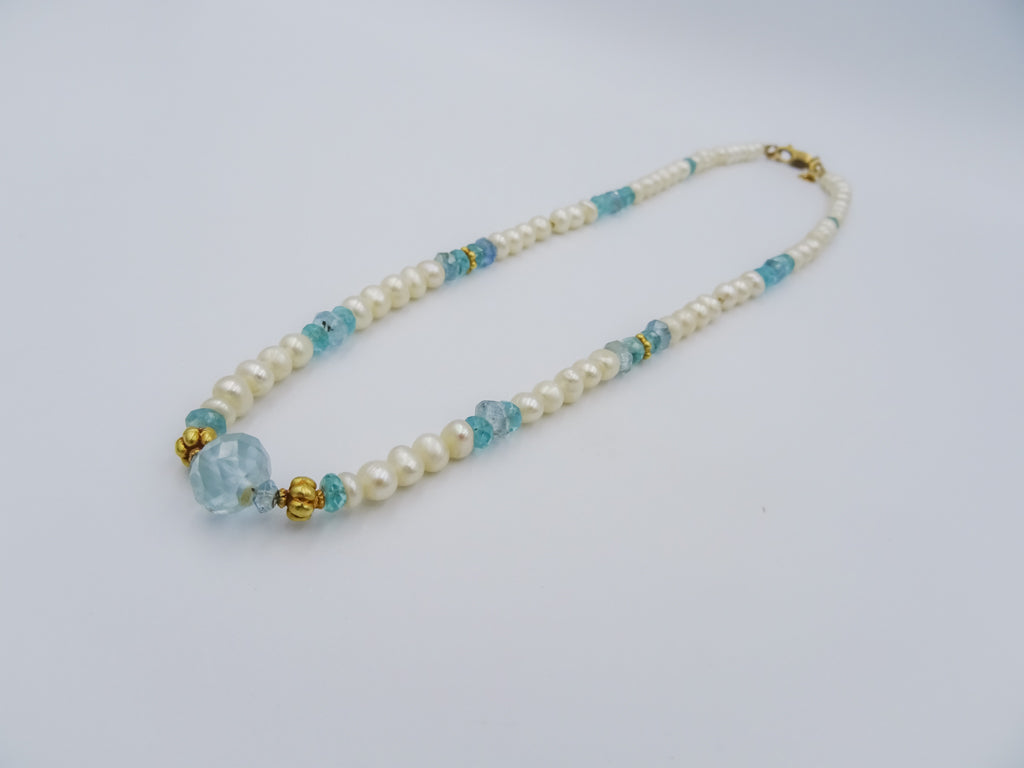 Pearl, Sapphire, and Apatite Necklace with 18K Gold Spacers