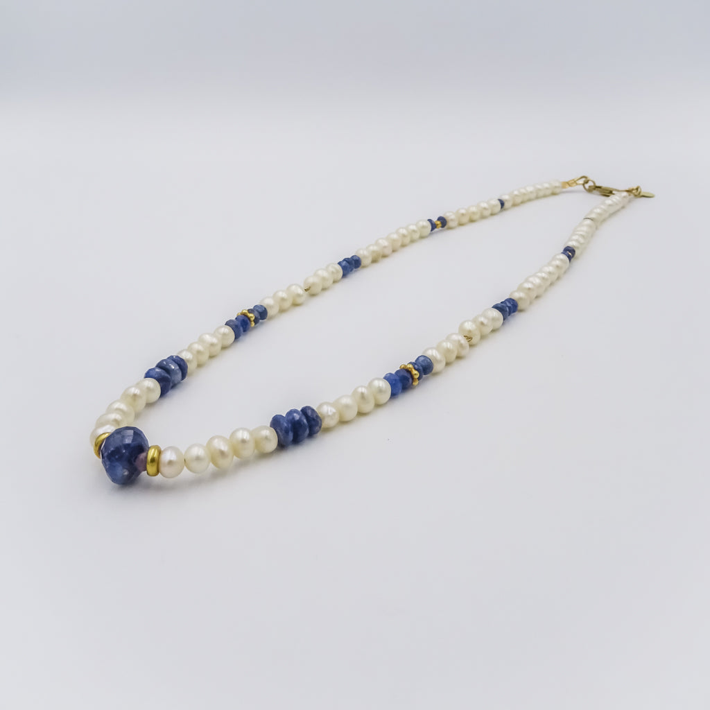 Pearl and Sapphire Necklace with 18K Gold Spacers
