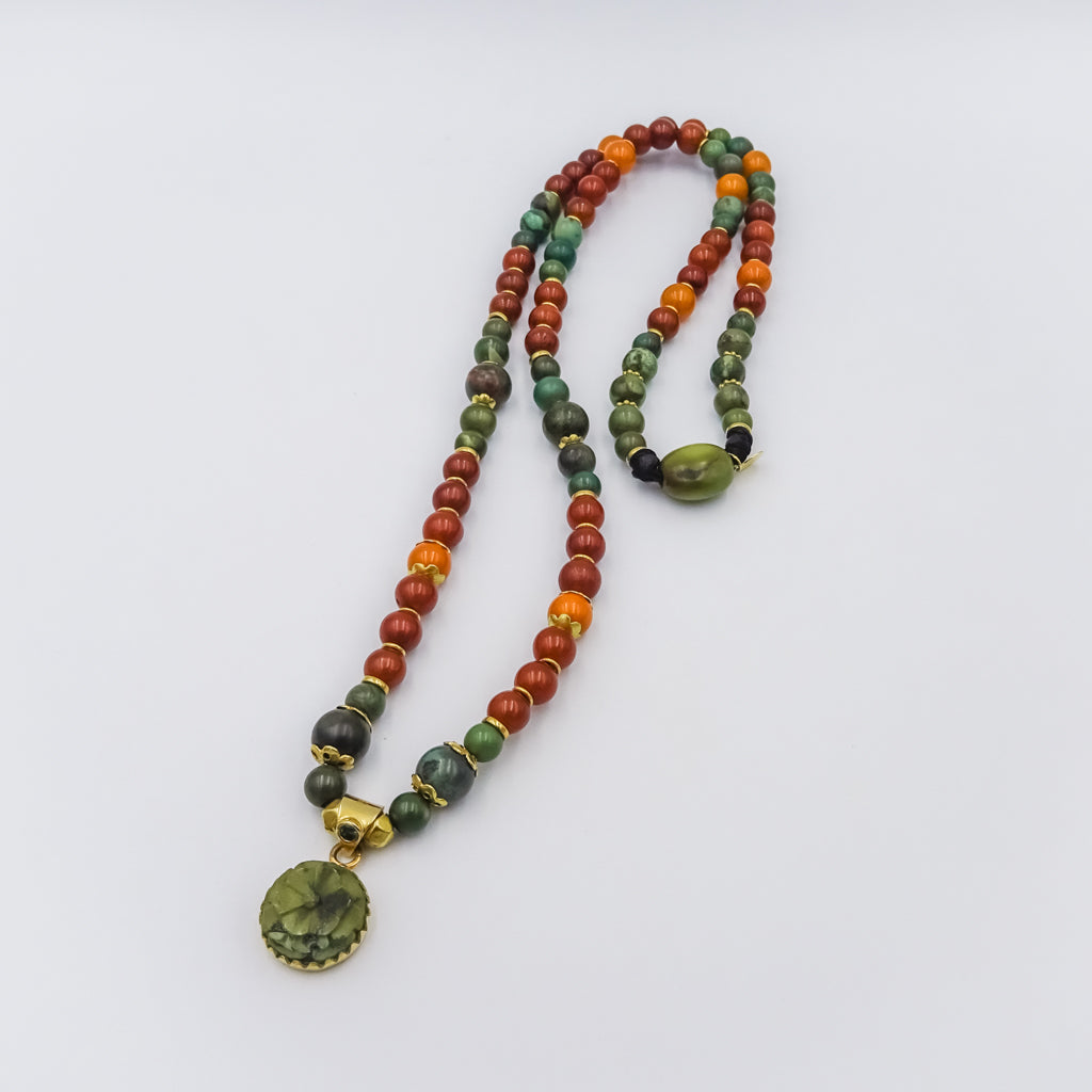 Turquoise, Tsavorite, and Amber Beaded Necklace with 18K Gold Spacers