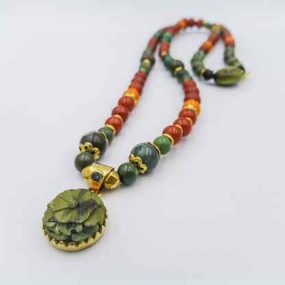 Turquoise, Tsavorite, and Amber Beaded Necklace with 18K Gold Spacers