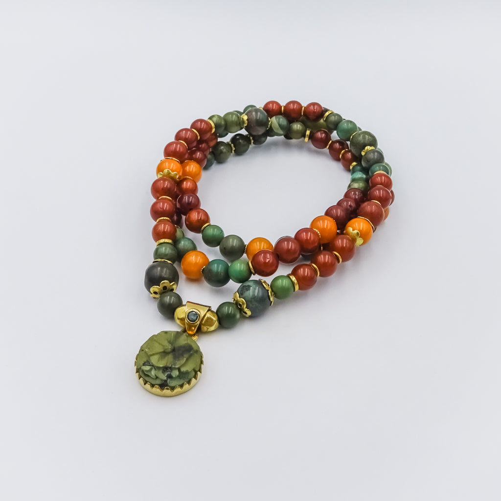 Turquoise, Tsavorite, and Amber Beaded Necklace with 18K Gold Spacers