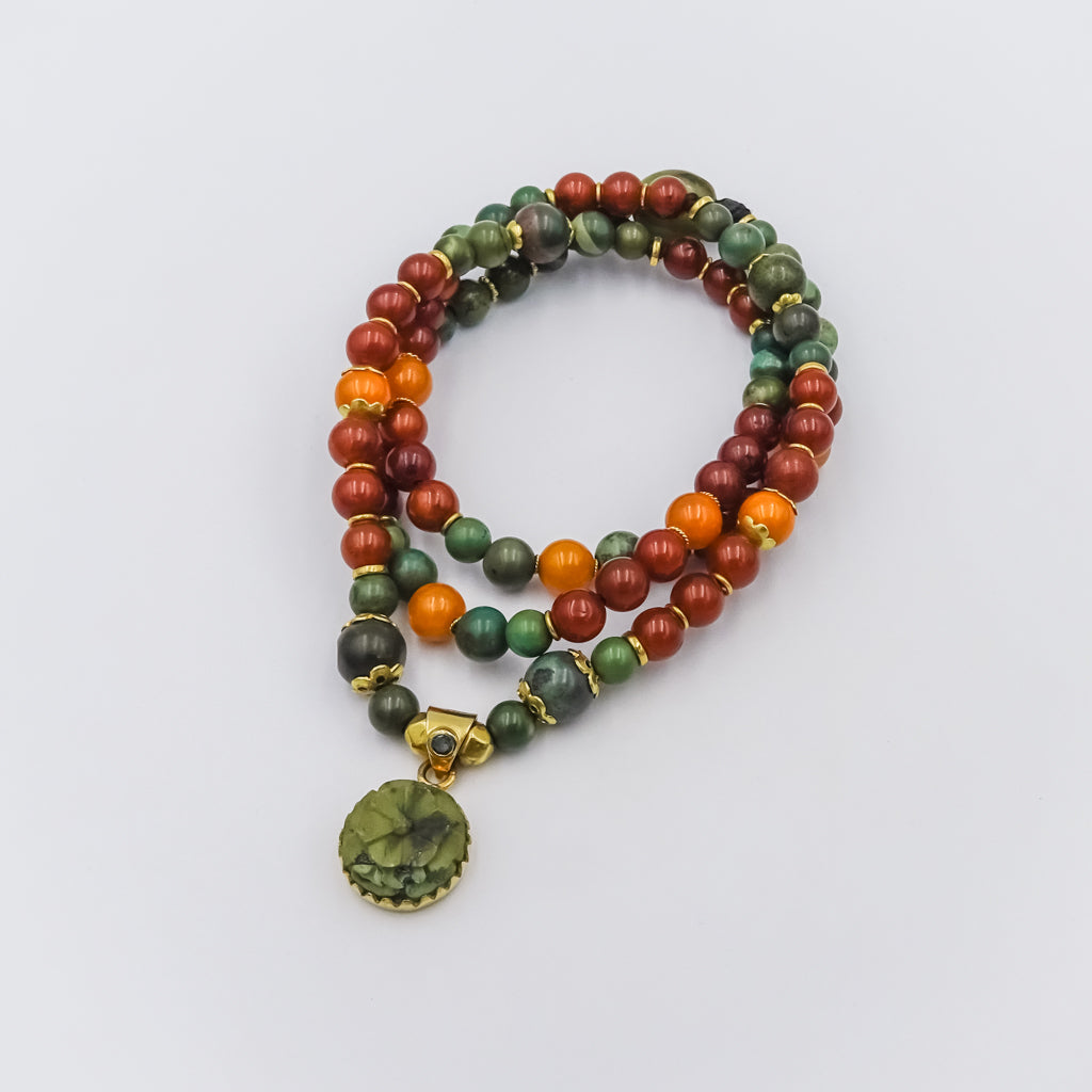 Turquoise, Tsavorite, and Amber Beaded Necklace with 18K Gold Spacers