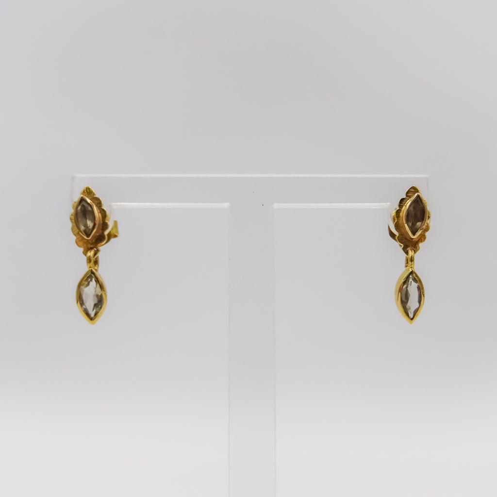 18K Gold Smoky Quartz Leaf Earrings with Clear Marquise Drop | Natural Gemstone Dangle Earrings | Elegant Handmade Jewelry
