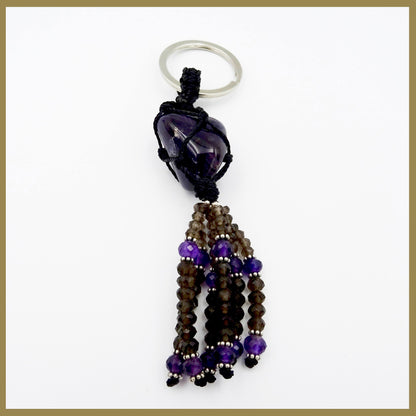 Mystic Charms: Amethyst, Smoky Quartz, and Silver Key Ring