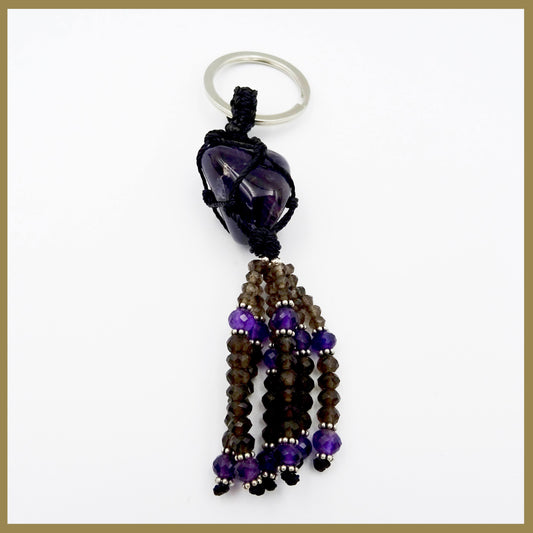 Mystic Charms: Amethyst, Smoky Quartz, and Silver Key Ring