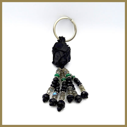 Mystical Fusion: Black Tourmaline, Labradorite, Black Obsidian, and Malachite Key Ring