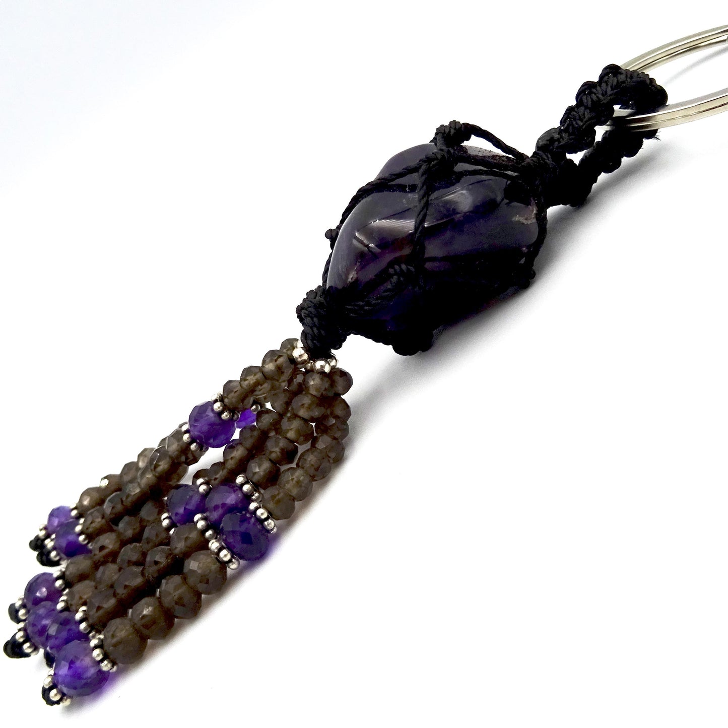 Mystic Charms: Amethyst, Smoky Quartz, and Silver Key Ring