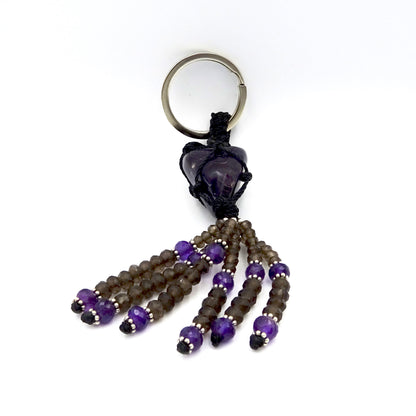 Mystic Charms: Amethyst, Smoky Quartz, and Silver Key Ring