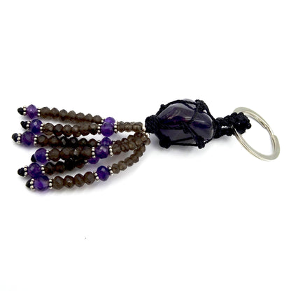 Mystic Charms: Amethyst, Smoky Quartz, and Silver Key Ring