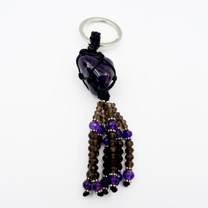 Mystic Charms: Amethyst, Smoky Quartz, and Silver Key Ring