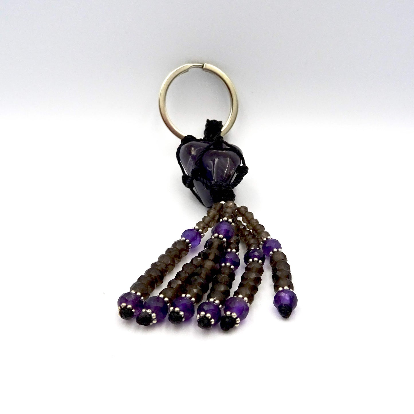 Mystic Charms: Amethyst, Smoky Quartz, and Silver Key Ring