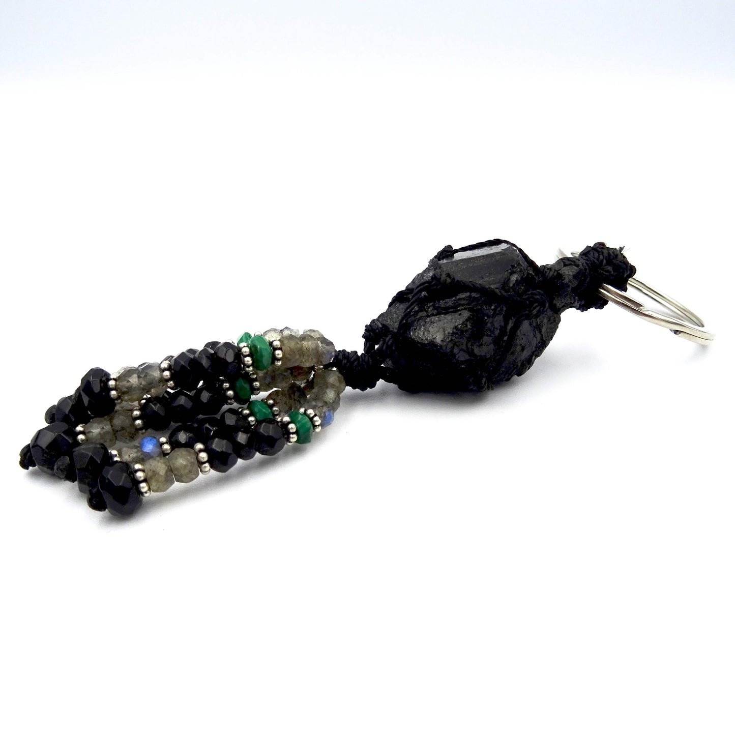 Mystical Fusion: Black Tourmaline, Labradorite, Black Obsidian, and Malachite Key Ring