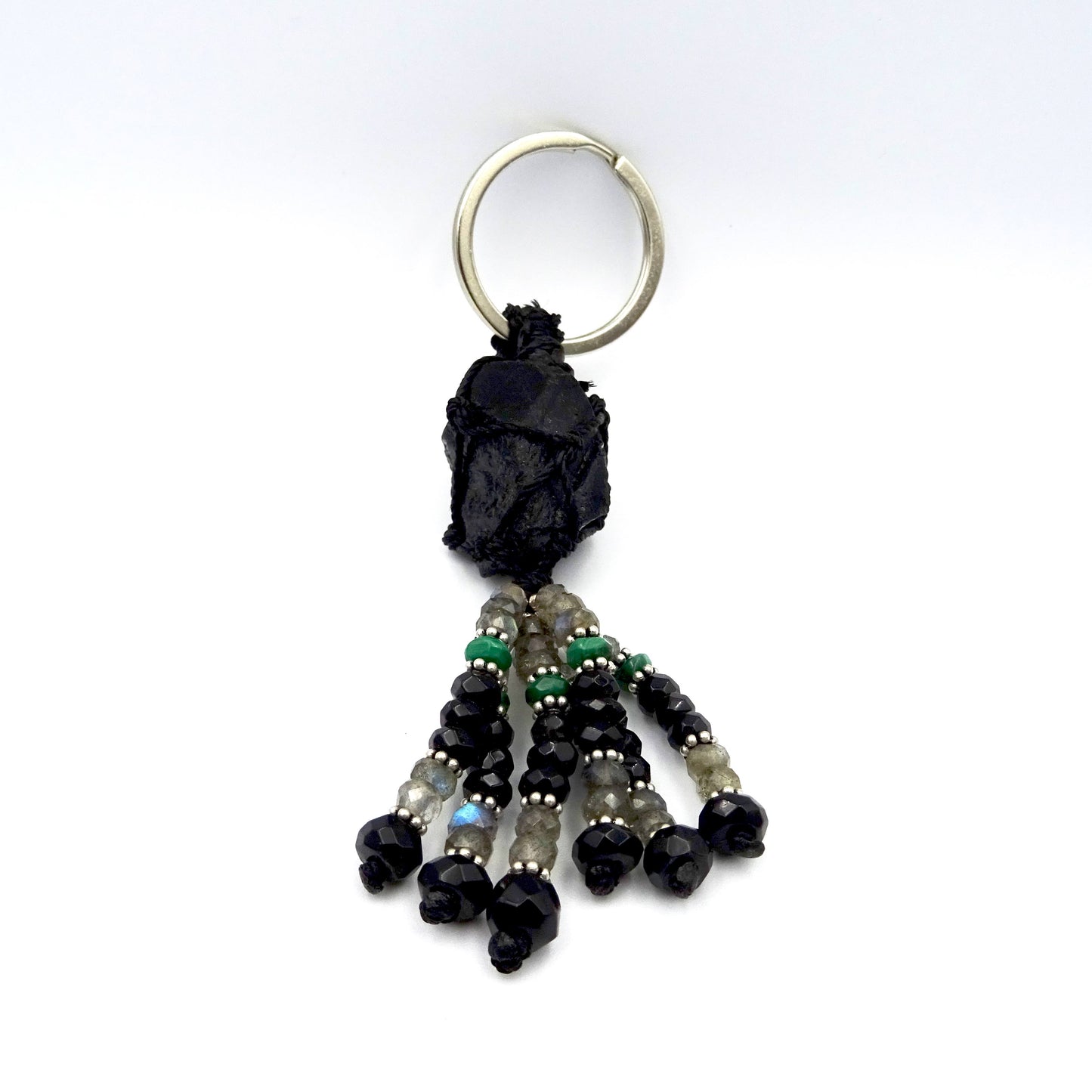 Mystical Fusion: Black Tourmaline, Labradorite, Black Obsidian, and Malachite Key Ring