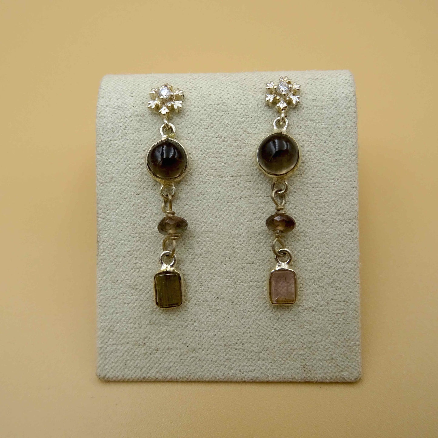 Snowflake Silver Earrings with Crystal, Smoky Quartz, and Tourmaline