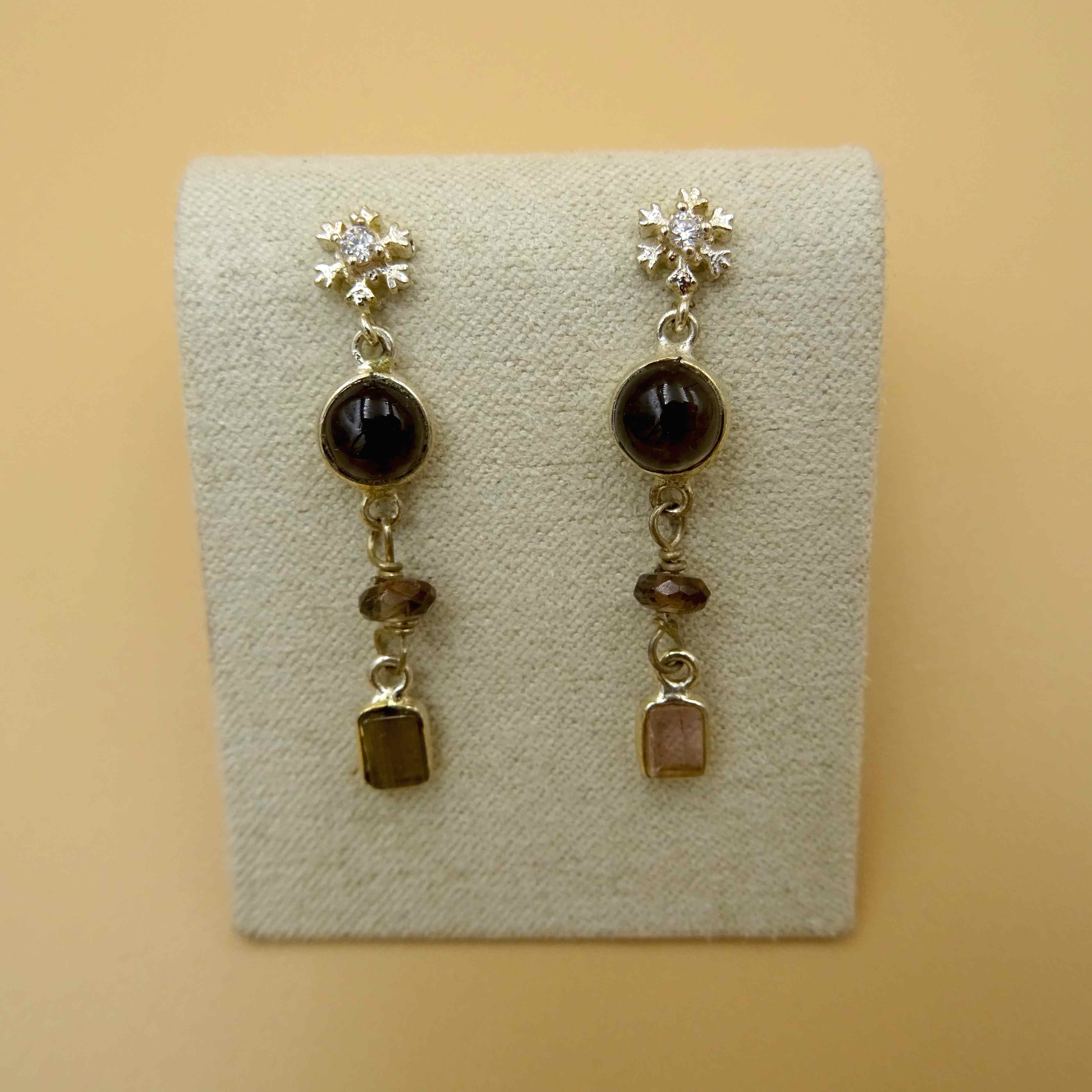 Snowflake Silver Earrings with Crystal, Smoky Quartz, and Tourmaline
