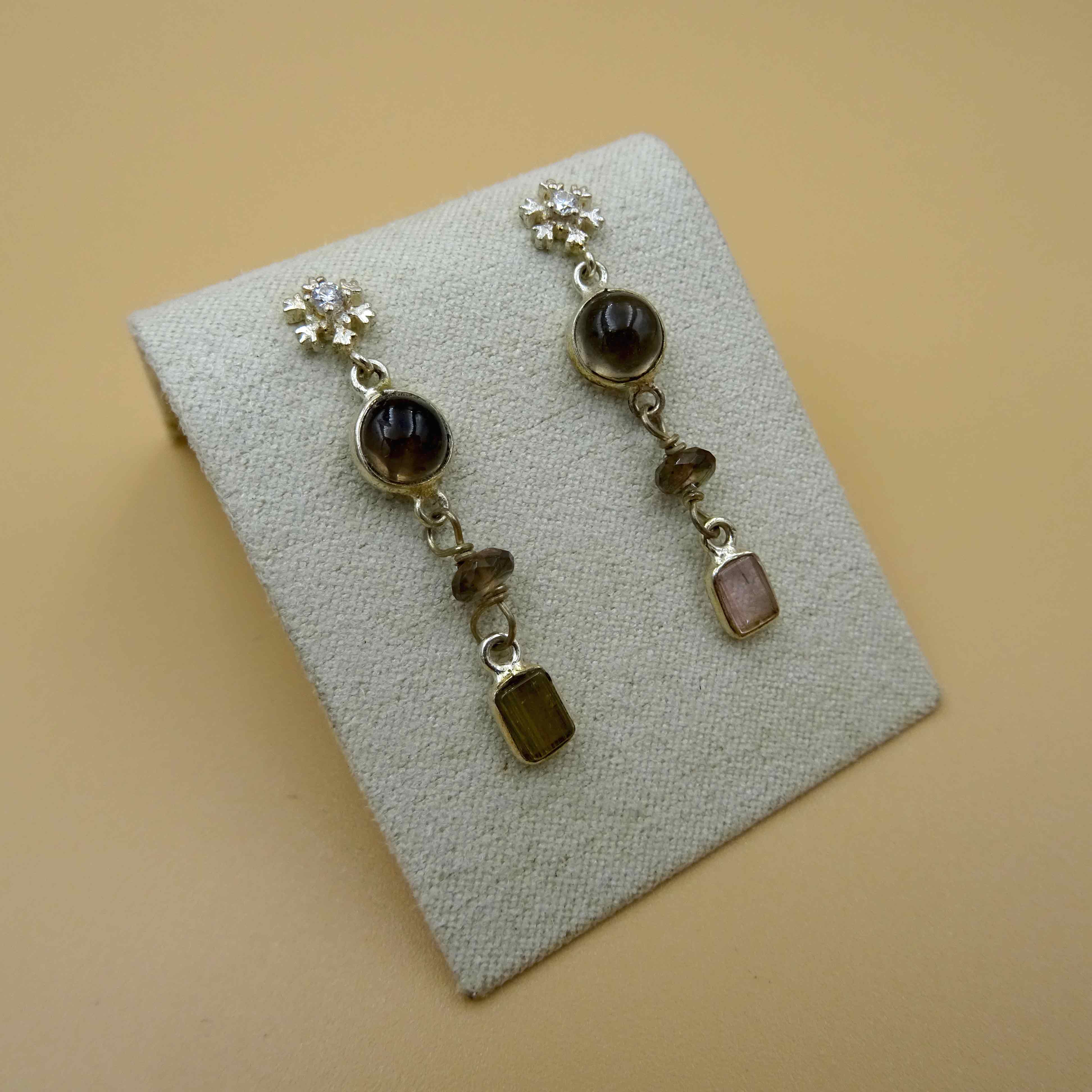 Snowflake Silver Earrings with Crystal, Smoky Quartz, and Tourmaline