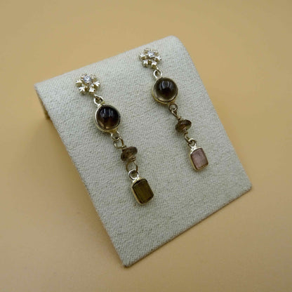 Snowflake Silver Earrings with Crystal, Smoky Quartz, and Tourmaline