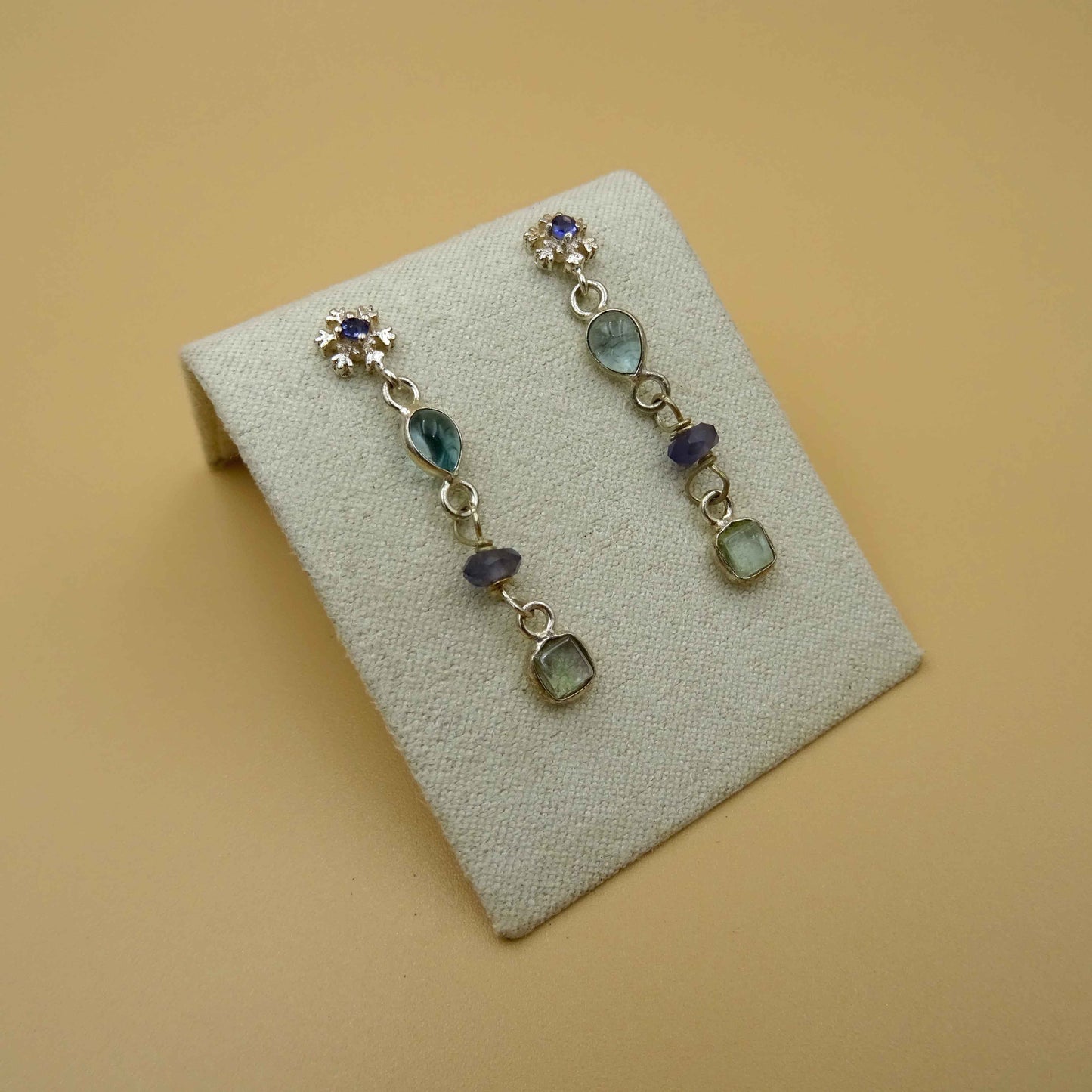 Snowflake silver earring with gemstone iolite,blue topaz ,tourmaline