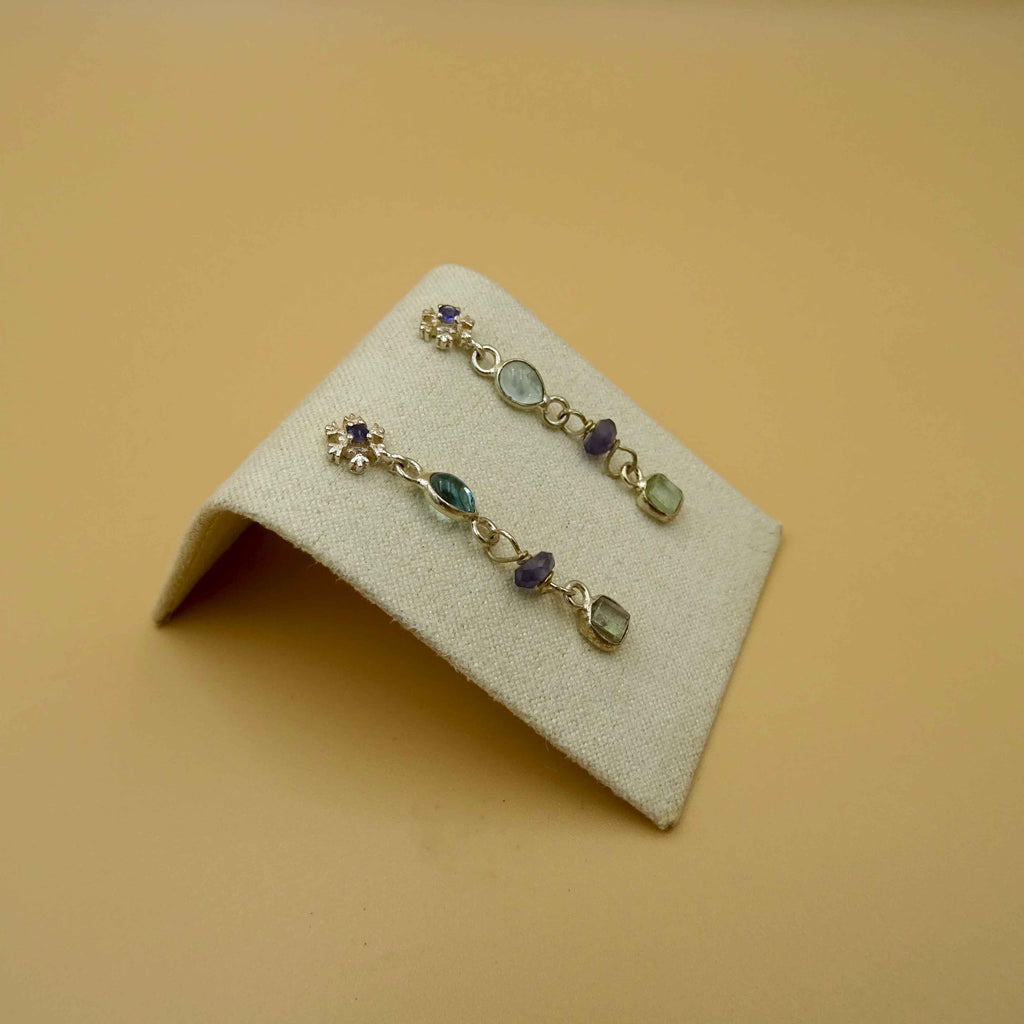 Snowflake silver earring with gemstone iolite,blue topaz ,tourmaline