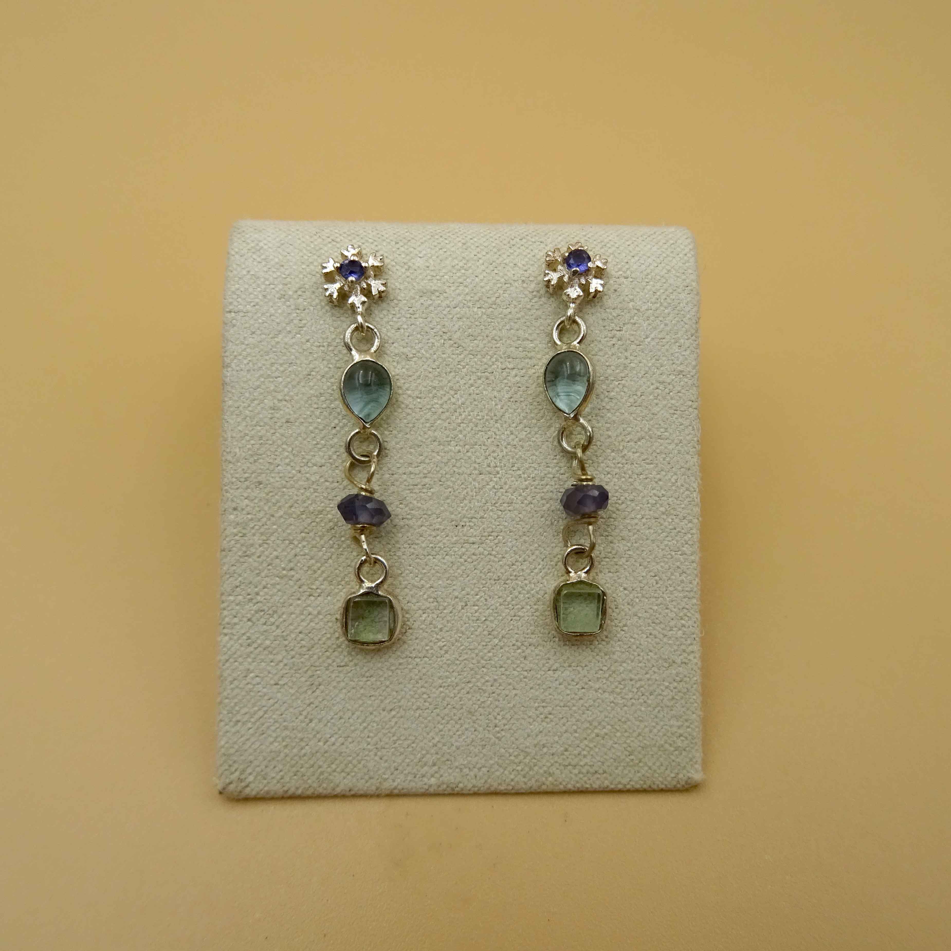 Snowflake silver earring with gemstone iolite,blue topaz ,tourmaline