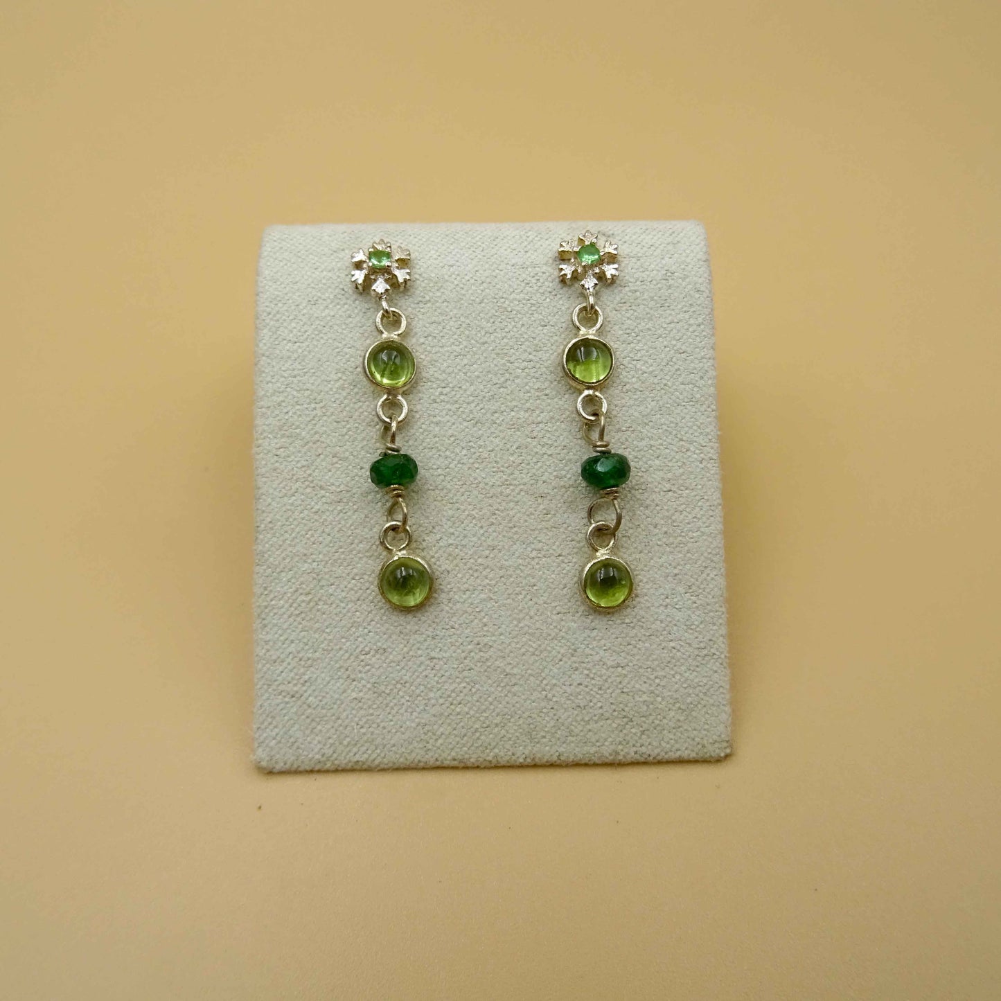 Peridot and Tsavorite Snowflake Silver Earrings