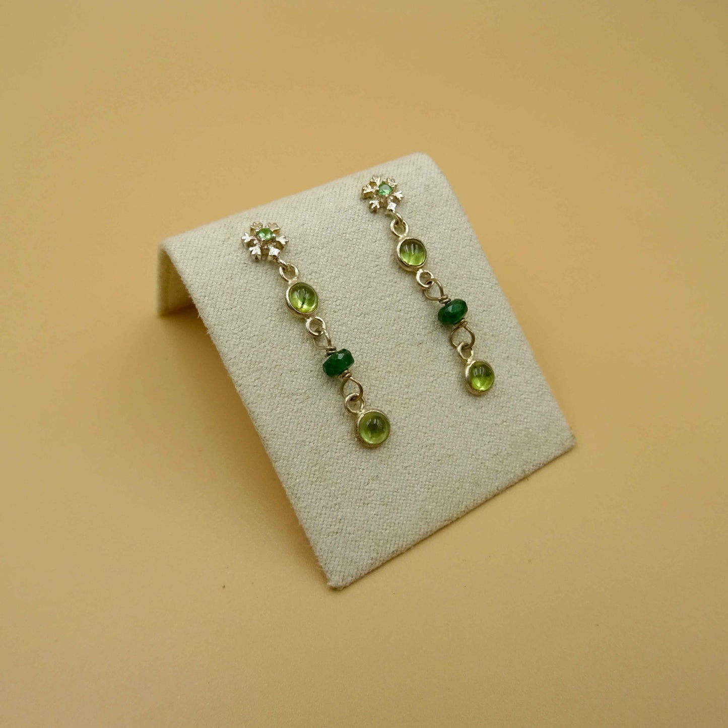 Peridot and Tsavorite Snowflake Silver Earrings