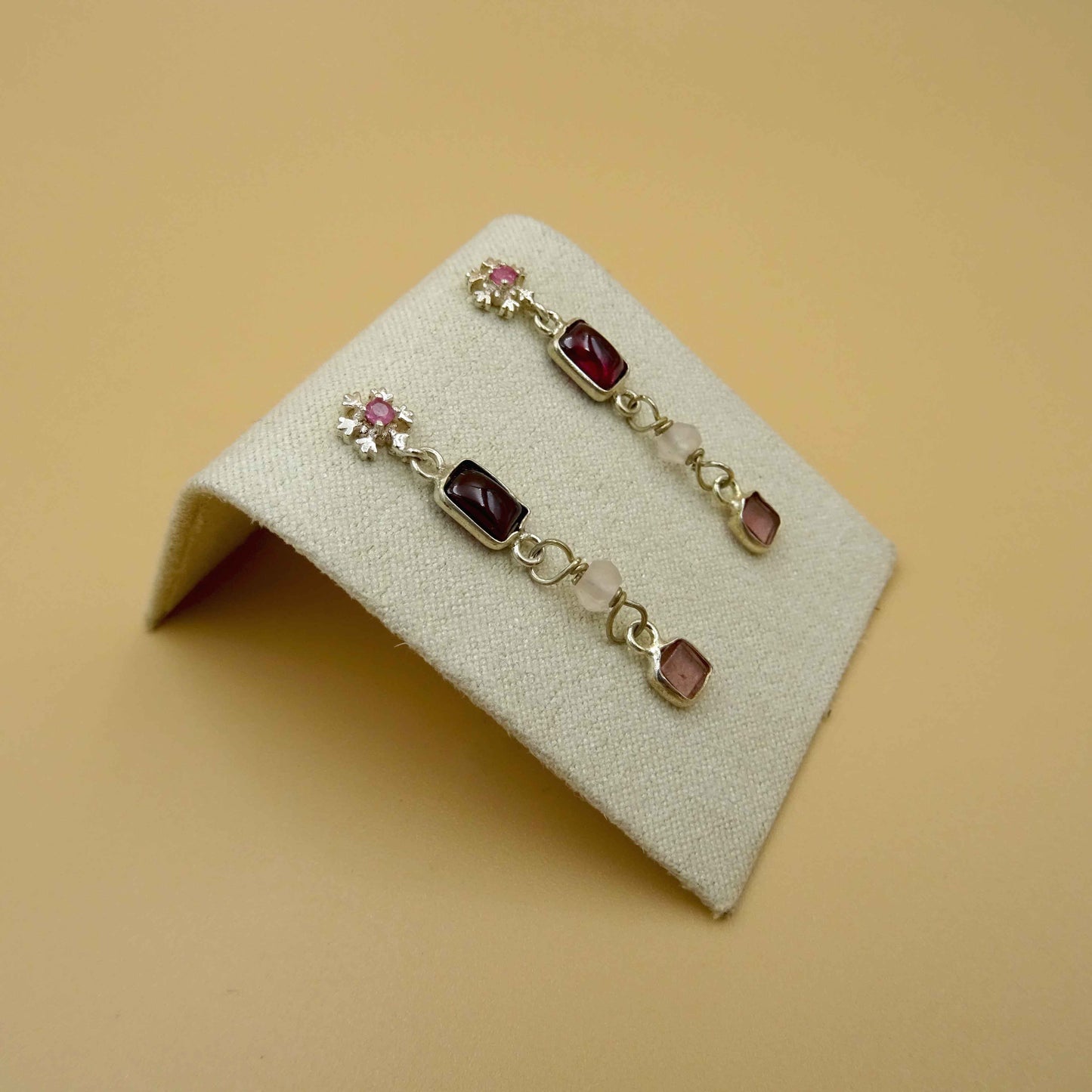 Snowflake Silver Earrings with Rose Quartz, Garnet, and Tourmaline