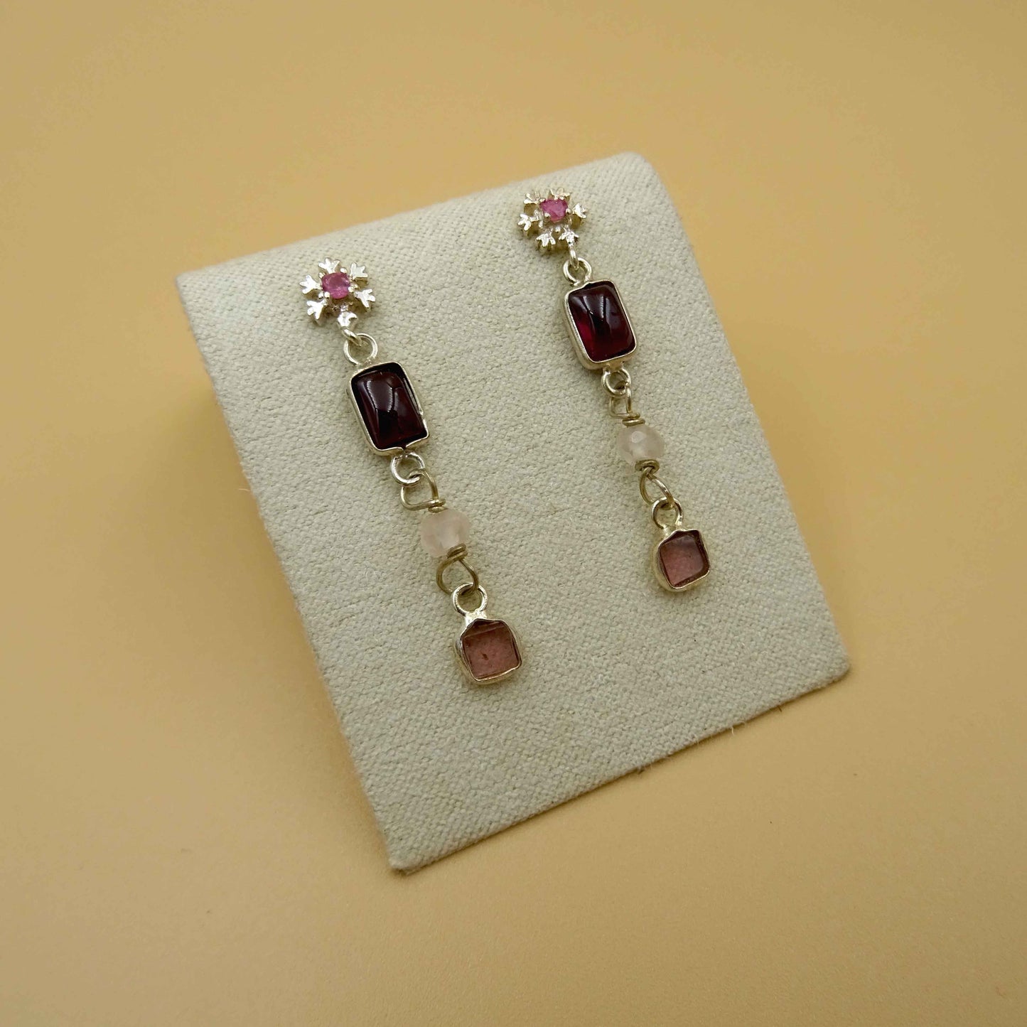 Snowflake Silver Earrings with Rose Quartz, Garnet, and Tourmaline