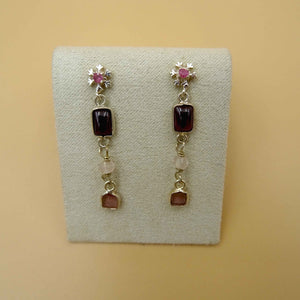 Snowflake Silver Earrings with Rose Quartz, Garnet, and Tourmaline