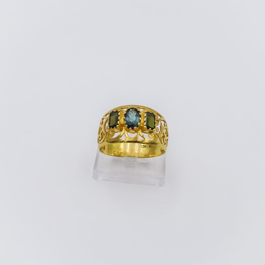 18k Gold Ring with Moldavite and Green Tourmaline
