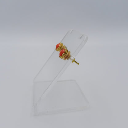18k gold studs earrings with gemstones red coral set in a flower shape