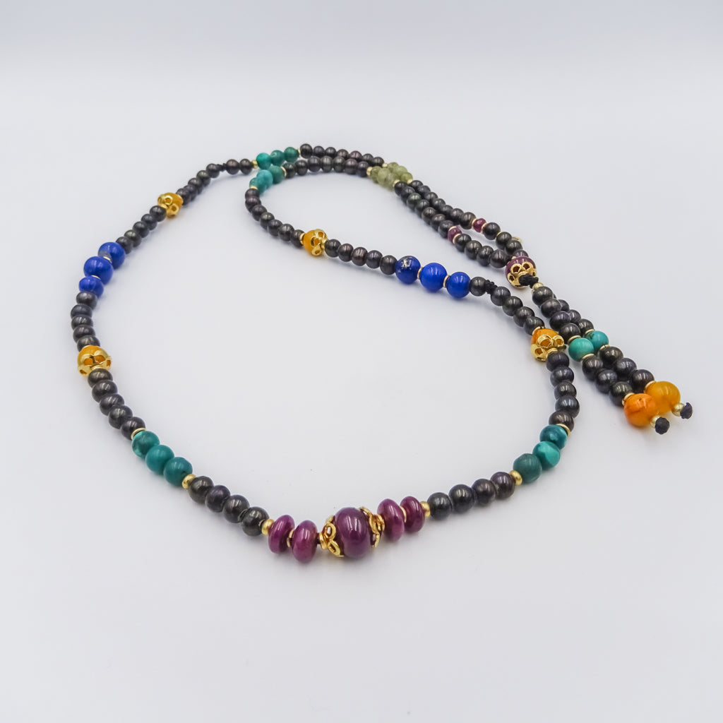 Black Pearl Mala Necklace with Amber, Lapis Lazuli, Turquoise, Emerald, and Ruby