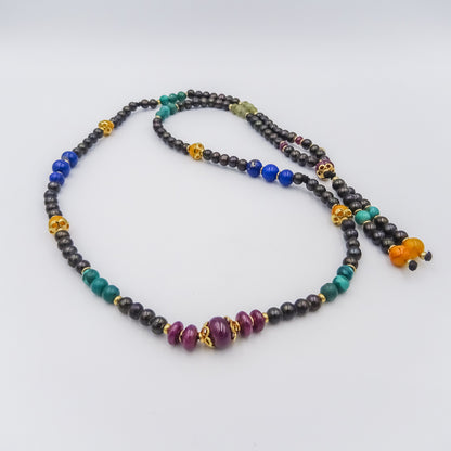 Black Pearl Mala Necklace with Amber, Lapis Lazuli, Turquoise, Emerald, and Ruby