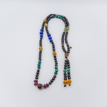 Black Pearl Mala Necklace with Amber, Lapis Lazuli, Turquoise, Emerald, and Ruby