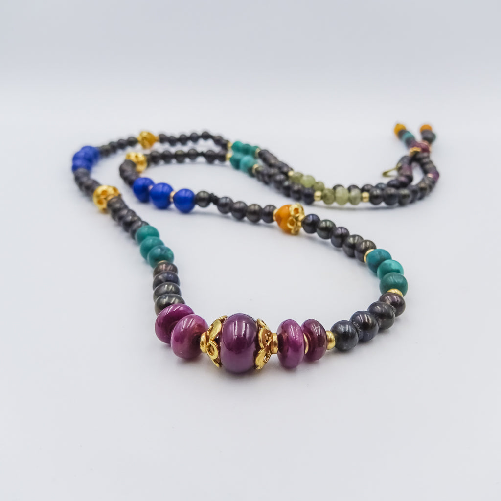 Black Pearl Mala Necklace with Amber, Lapis Lazuli, Turquoise, Emerald, and Ruby
