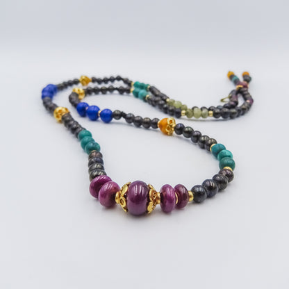 Black Pearl Mala Necklace with Amber, Lapis Lazuli, Turquoise, Emerald, and Ruby