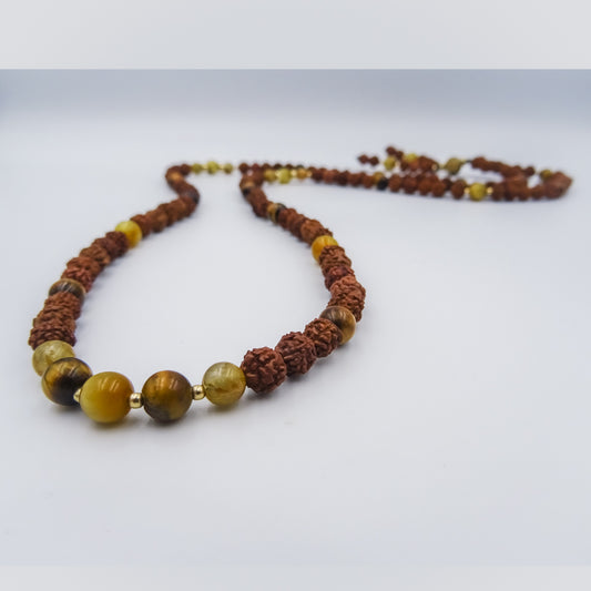 Rudraksha, Tiger Eye, Cat Eye, and Rutile Necklace with Brazilian Nut Beads and Gold-Filled Accents