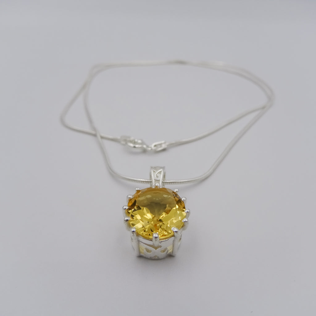 Silver Necklace with Citrine Pendant with delicate curved accents