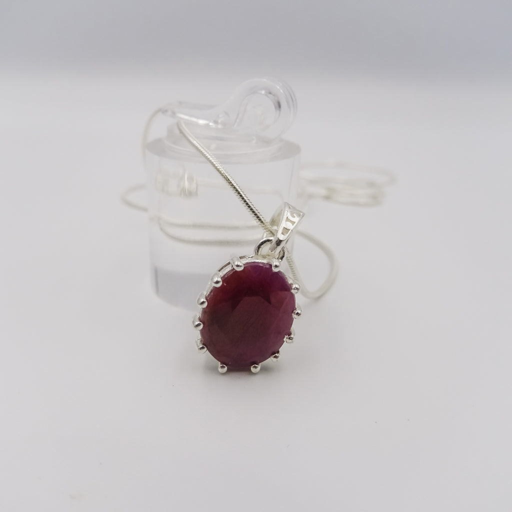 Silver Necklace with Curved Ruby Pendant