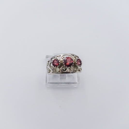 Intricately Carved Silver Ring with Pink Tourmaline Gemstones