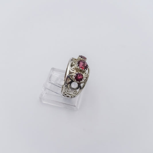 Intricately Carved Silver Ring with Pink Tourmaline Gemstones