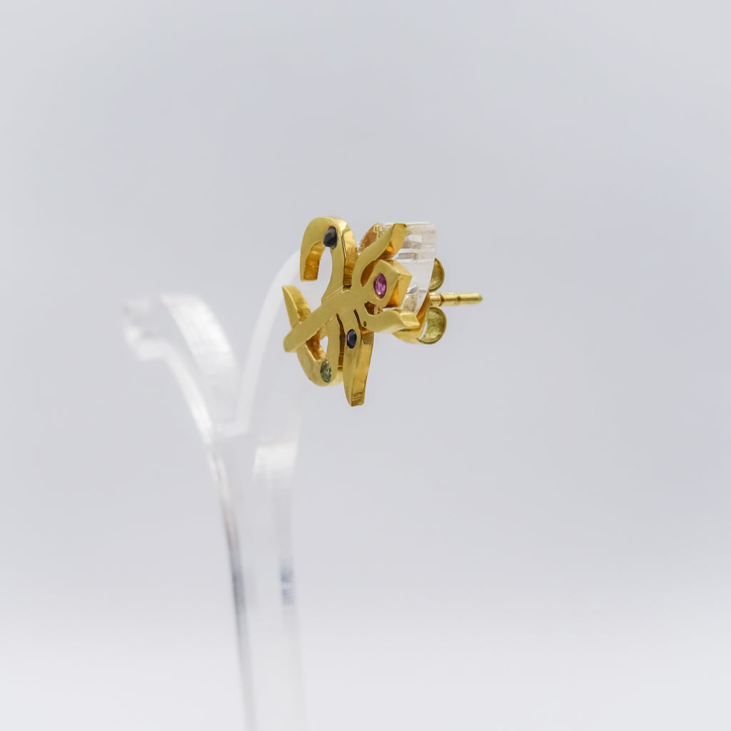 18k single Gold Om Trishul Stud Earring with Multi Gemstones | Ruby Sapphire Peridot | Spiritual Healing Jewelry