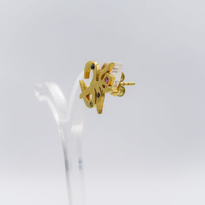 18k single Gold Om Trishul Stud Earring with Multi Gemstones | Ruby Sapphire Peridot | Spiritual Healing Jewelry